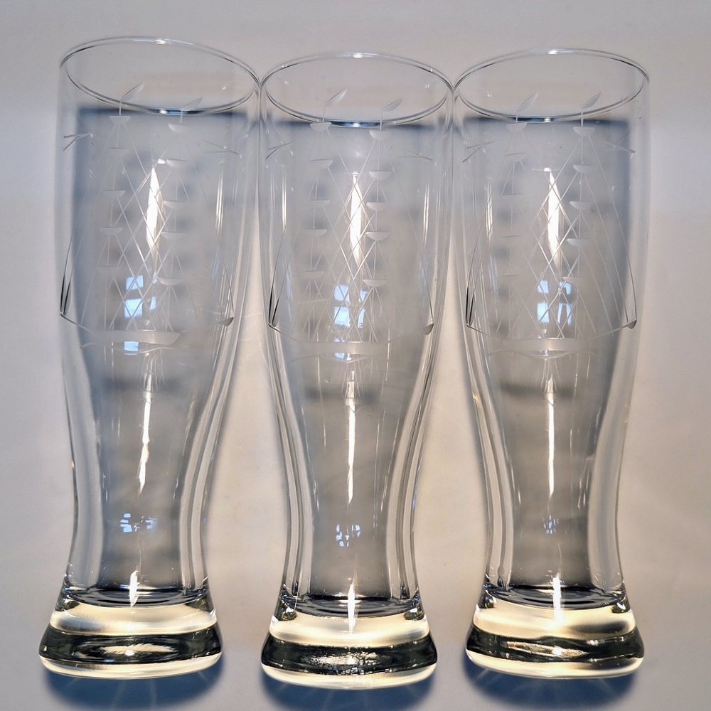 Princess House Heritage Clipper Pilsner Glasses Etched 8  5/8 Tall Set Of 3
